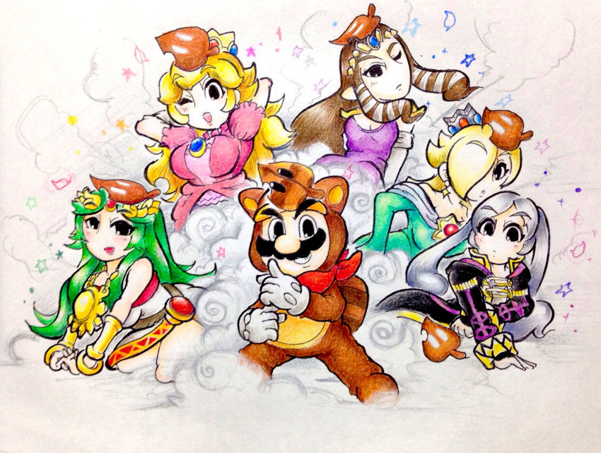 1boy, 5girls, :d, animal_costume, animal_ears, armlet, arms_behind_head, bandana