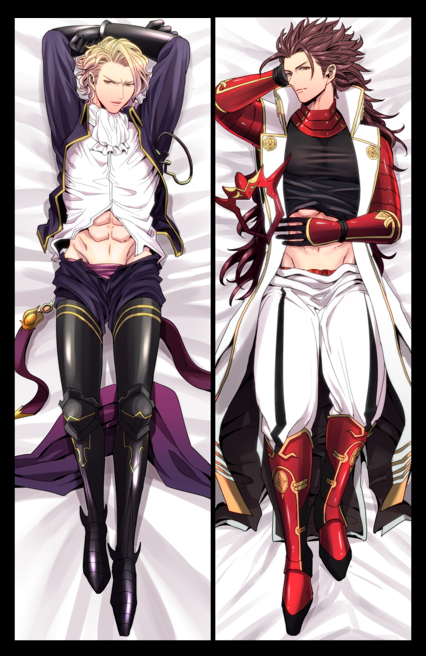2boys, abs, armored_boots, blonde_hair, brown_hair, dakimakura, fire_emblem, fire_emblem_if