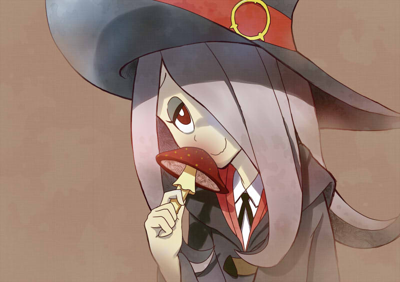 1girl, grey_hair, hair_over_one_eye, hat, little_witch_academia, long_hair, looking_at_viewer, mushroom