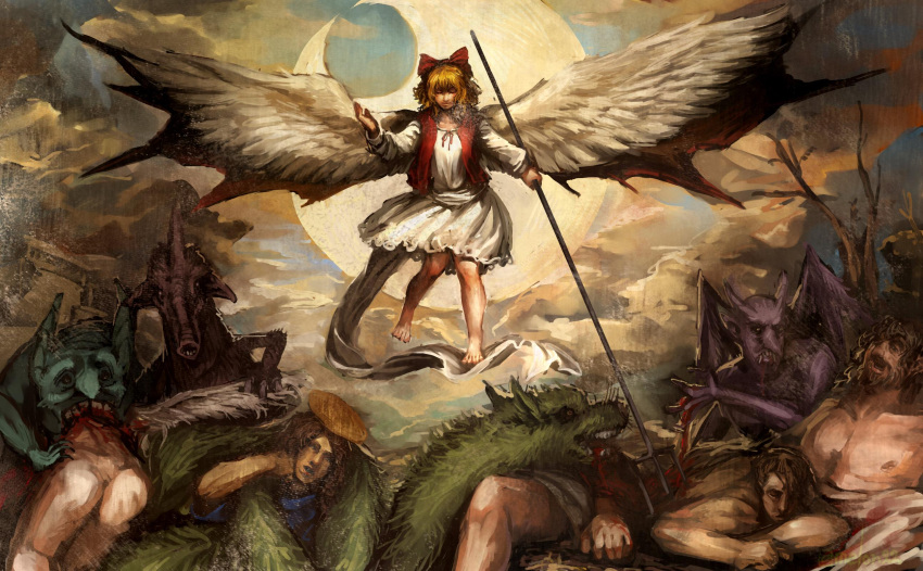 barefoot, blonde_hair, bow, closed_eyes, fine_art_parody, gengetsu, hair_bow, highres