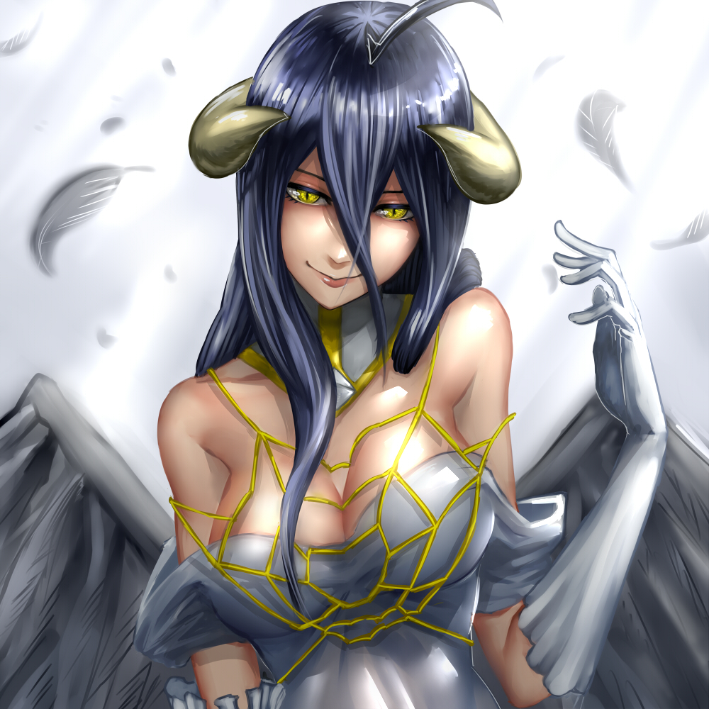 1girl, ahoge, albedo, black_hair, breasts, dress, elbow_gloves, feathered_wings