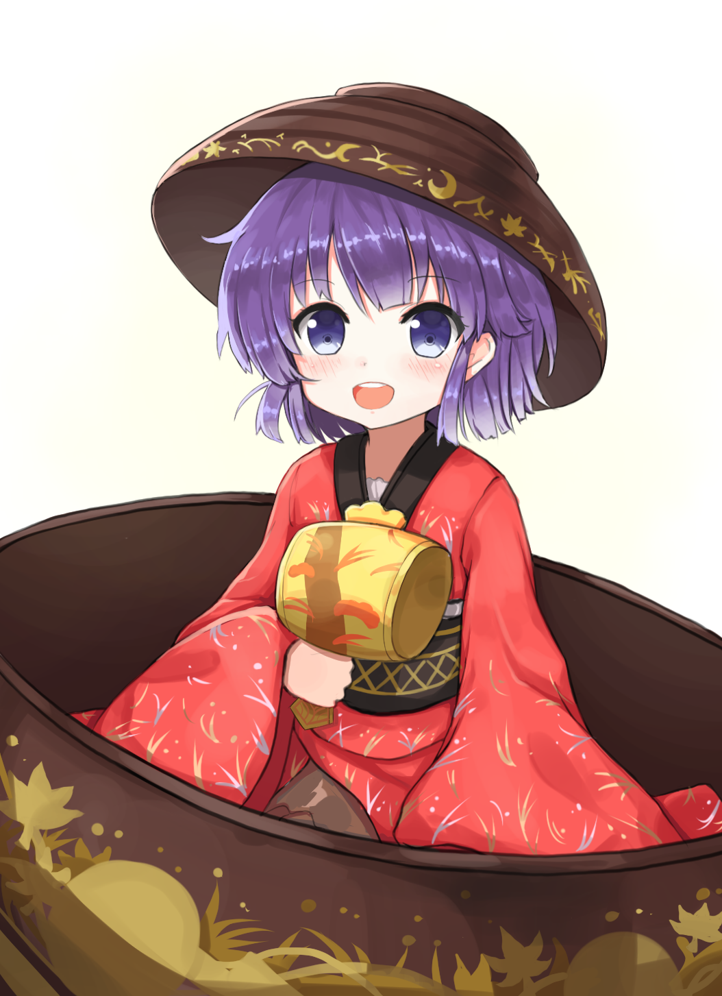 1girl, :d, blush, bowl, hat, highres, imyu, japanese_clothes