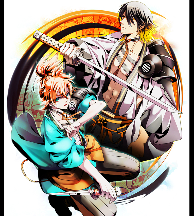 2boys, facial_hair, green_eyes, japanese_clothes, katana, male_focus, multicolored_hair, multiple_boys