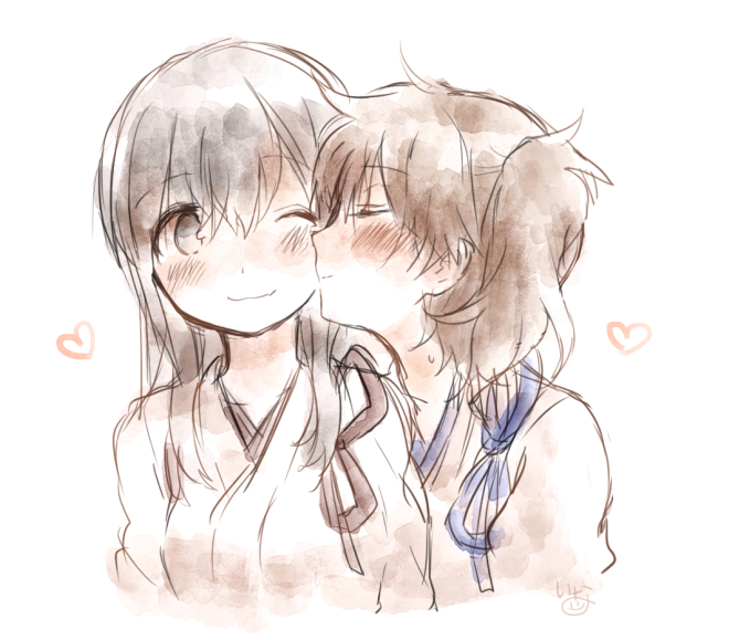 2girls, akagi_(kantai_collection), black_hair, blush, brown_hair, cheek_kiss, closed_eyes, heart, ina_(1813576), kaga_(kantai_collection), kantai_collection, kiss, multiple_girls, one_eye_closed, side_ponytail, smile, yuri
