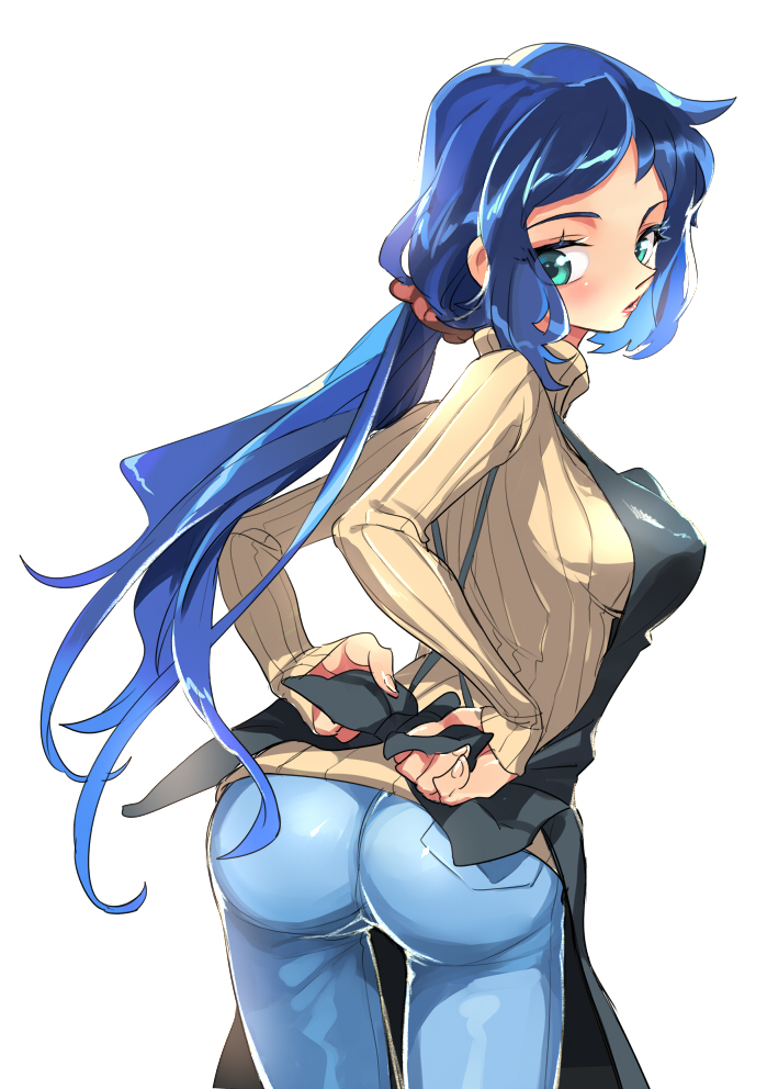 1girl, apron, ass, blue_hair, green_eyes, gundam, gundam_build_fighters, iori_rinko
