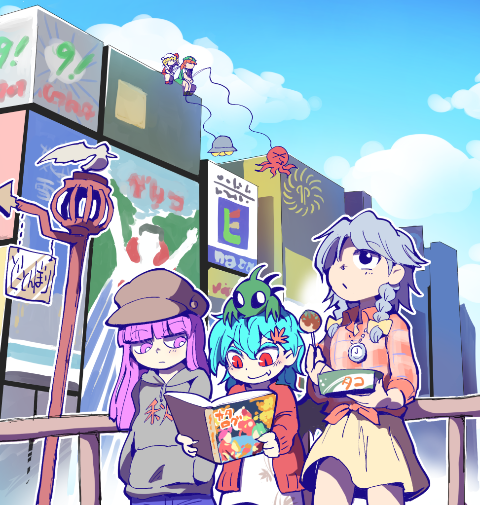 5girls, alternate_costume, alternate_headwear, bat_wings, blonde_hair, blue_hair, blush, bow