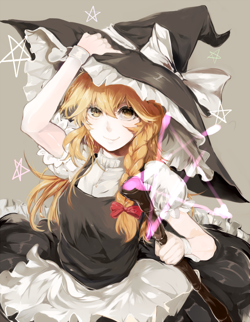 1girl, amua, apron, arm_up, blonde_hair, bow, braid, broom, grey_background, hair_bow, hair_ornament, hat, hat_ribbon, kirisame_marisa, long_hair, looking_up, puffy_sleeves, ribbon, shirt, short_sleeves, side_braid, single_braid, skirt, skirt_set, smile, solo, star, touhou, vest, waist_apron, witch_hat, yellow_eyes