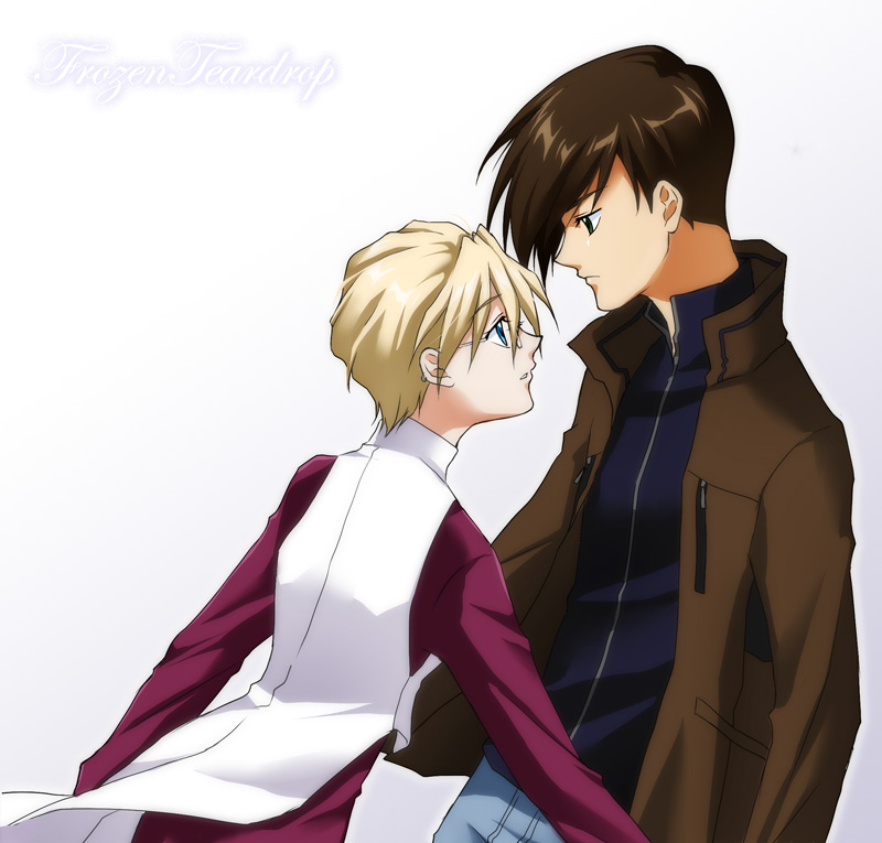 1boy, 1girl, blonde_hair, blue_eyes, brown_hair, glasses, gundam, gundam_wing