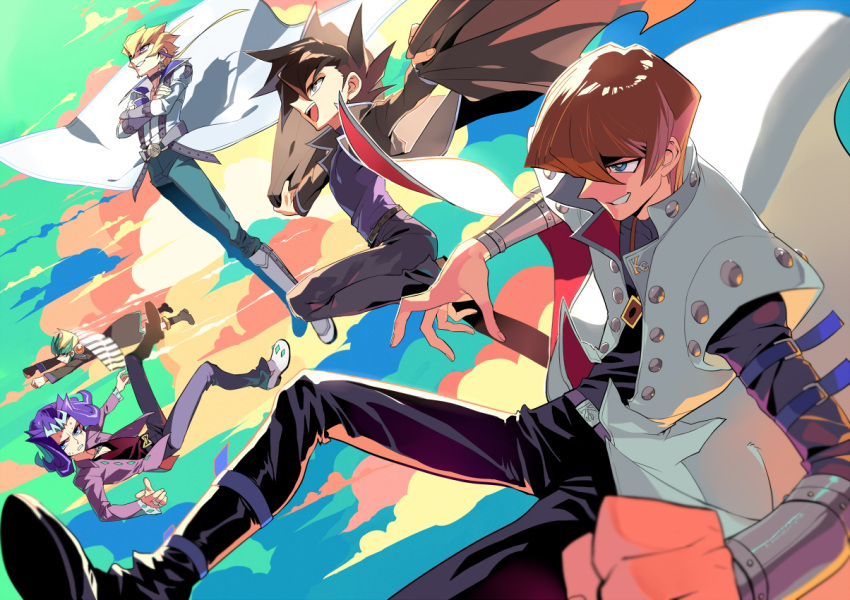 5boys, black_hair, blonde_hair, blue_eyes, brown_eyes, brown_hair, green_hair, jack_atlas, kaiba_seto, kamishiro_ryouga, kushabiria, long_hair, manjoume_jun, multicolored_hair, multiple_boys, purple_hair, short_hair, tenjou_kaito, yuu-gi-ou, yuu-gi-ou_duel_monsters, yuu-gi-ou_gx, yuu-gi-ou_zexal