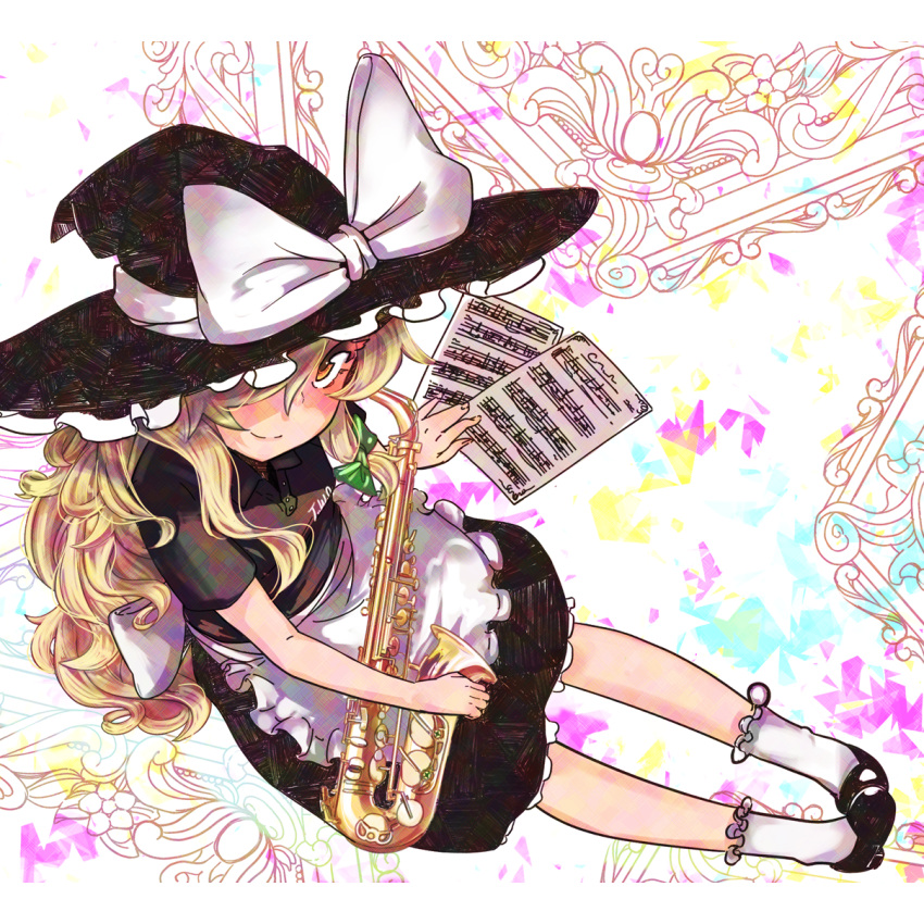 1girl, adapted_costume, alternate_costume, apron, black_dress, blonde_hair, bow, dress