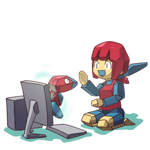 1girl, blue_beak, bow, computer, hair_bow, hitec, moemon, monitor
