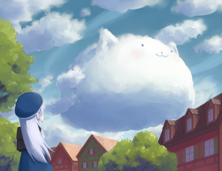 1girl, :3, angora_rabbit, back, blue_dress, blue_hair, blue_sky, building