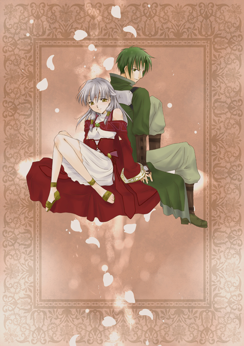 1boy, 1girl, back-to-back, bare_shoulders, boots, cape, coat, dress