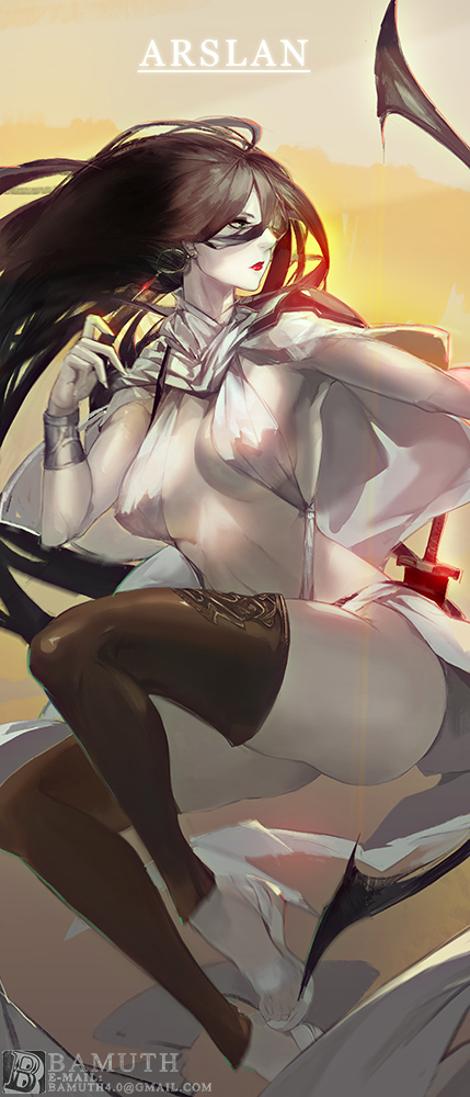 1girl, arslan_senki, artist_name, bamuth, black_hair, black_legwear, breasts, cape