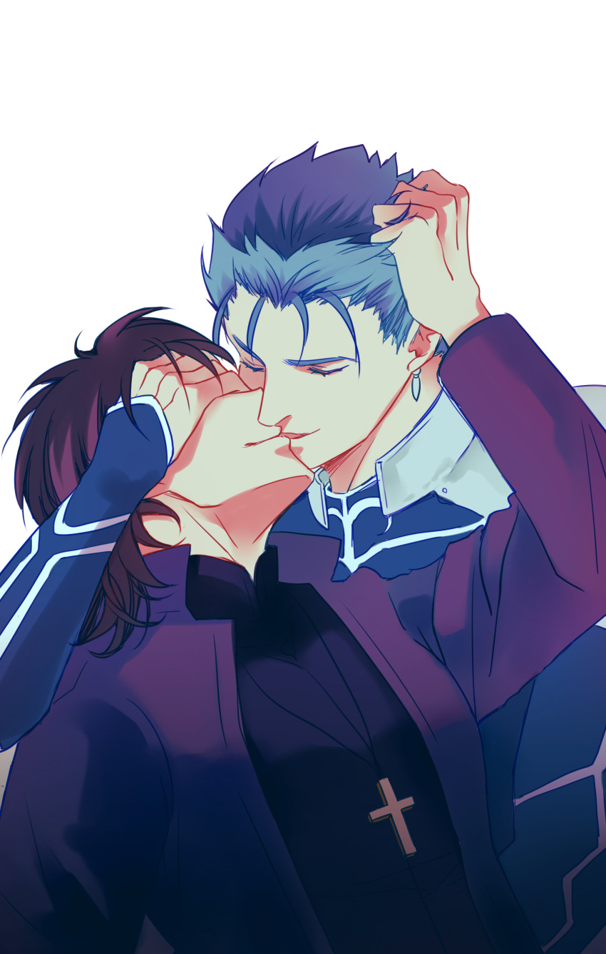 2boys, absurdres, blue_hair, brown_hair, cross, cross_necklace, fate/stay_night, fate/zero
