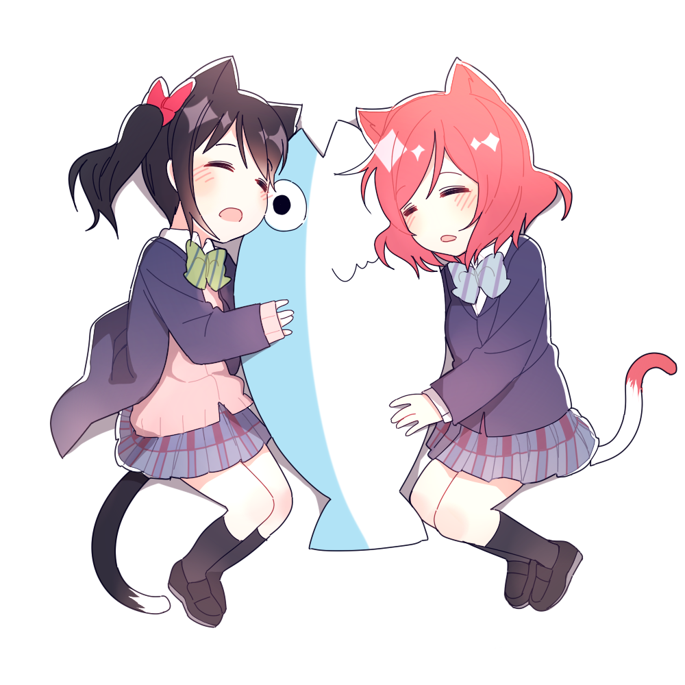 14_(vision5032), 2girls, animal_ears, black_hair, blush, bow, cat_ears, cat_girl