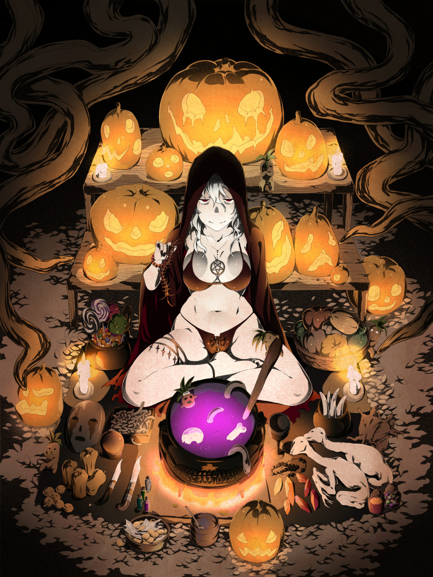 1girl, absurdres, arisawa_kuro, beads, bikini_top, blonde_hair, breasts, candy, cauldron, centipede, covered_nipples, crossed_legs, crystal, doll, film_grain, highres, holster, hoodie, jack-o'-lantern, jar, jewelry, lace_panties, large_breasts, magic, mask, mat, money, necklace, original, panties, pentagram, pumpkin, red_eyes, short_hair, skindentation, solo, thigh_strap, underwear, walnut_(food), witch, worms