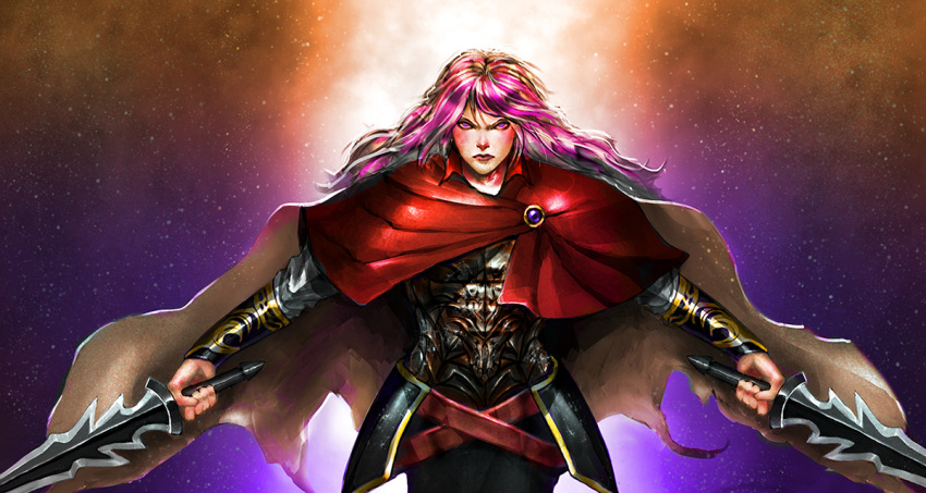 1boy, akuseru_arumaa, armor, cape, cowboy_shot, dual_wielding, elefseus, long_hair
