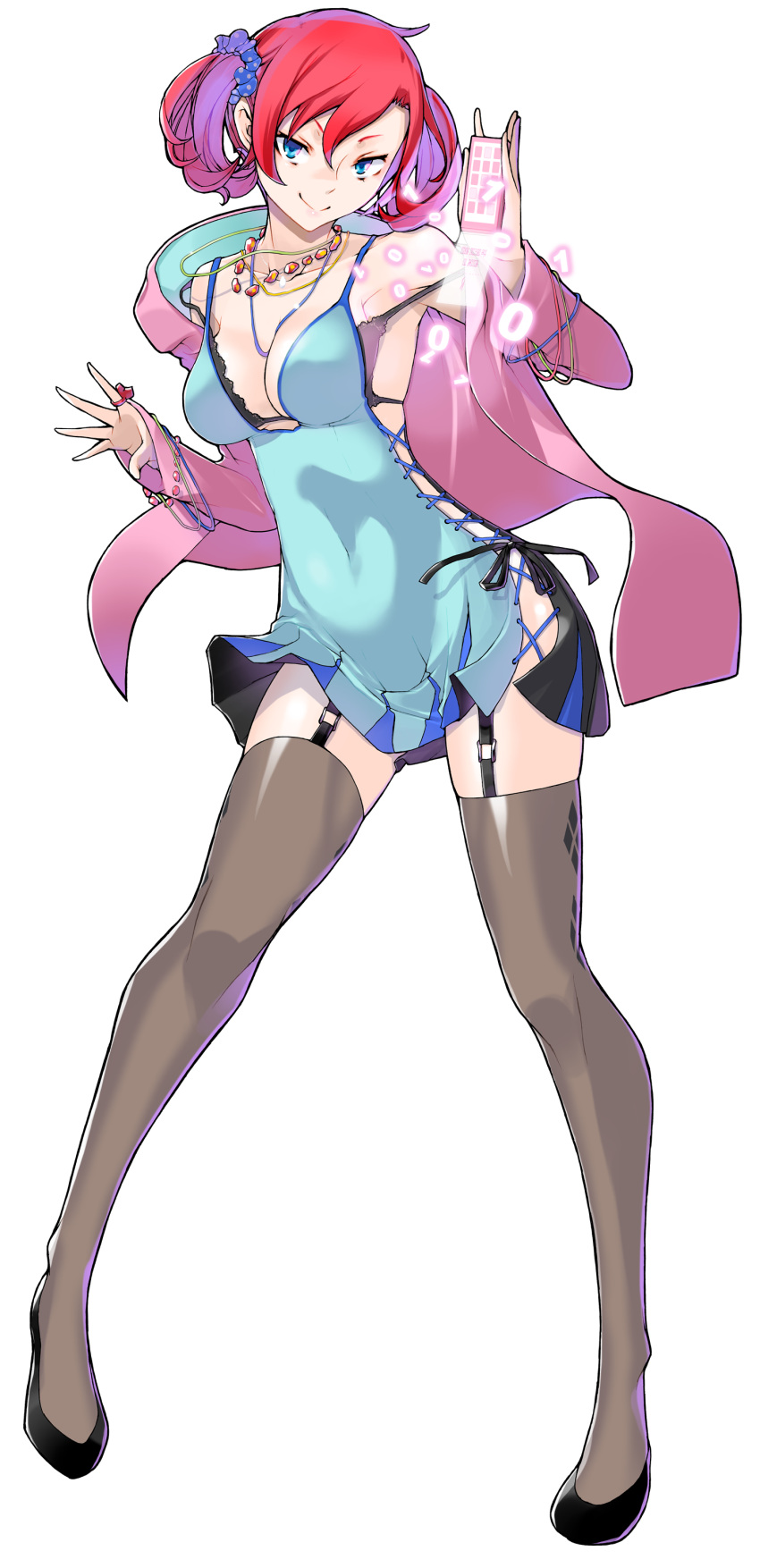 1girl, absurdres, black_bra, black_dress, black_panties, black_shoes, blue_dress, blue_eyes