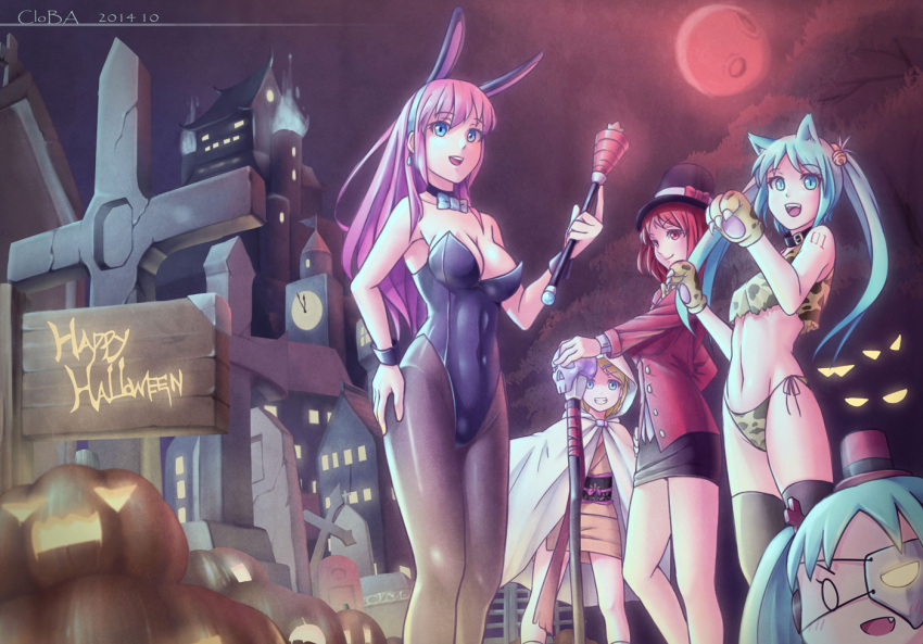 2014, 4girls, :d, animal_ears, animal_print, aqua_eyes, aqua_hair, artist_name