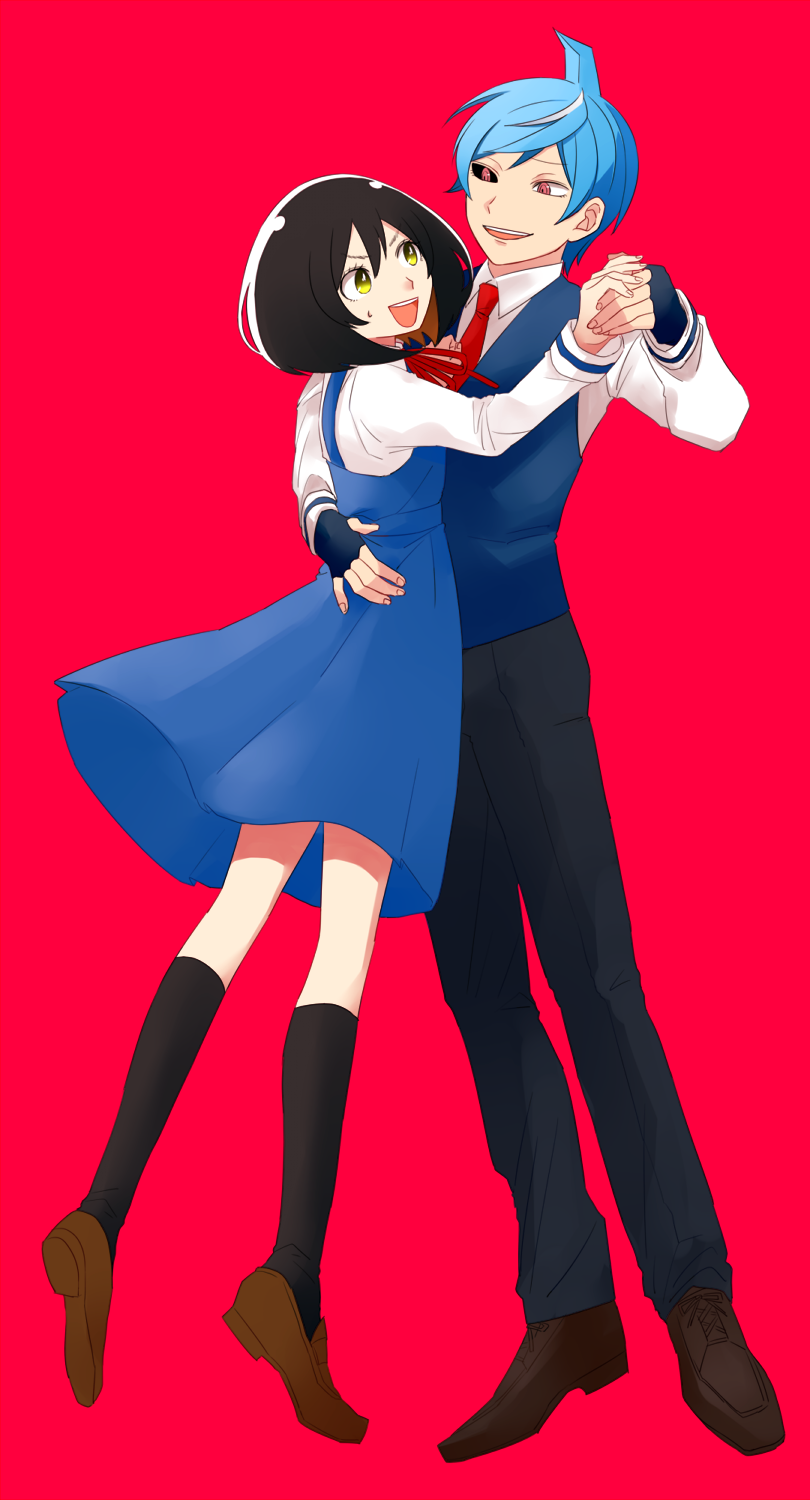 1boy, 1girl, ahoge, black_hair, black_legwear, blue_hair, dancing, fingerless_gloves