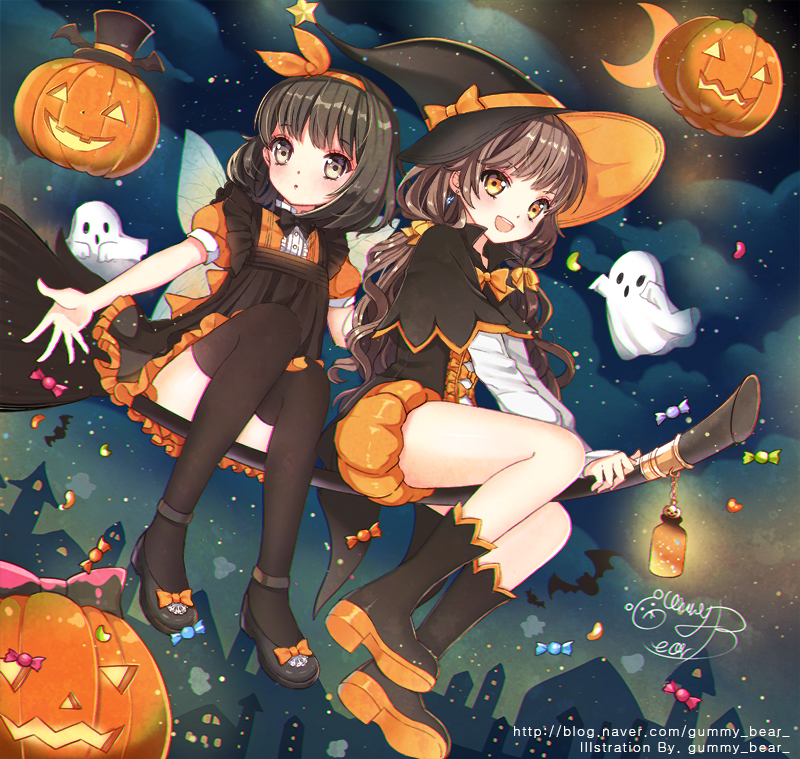 2girls, :d, black_hair, boots, broom, broom_riding, brown_eyes, brown_hair