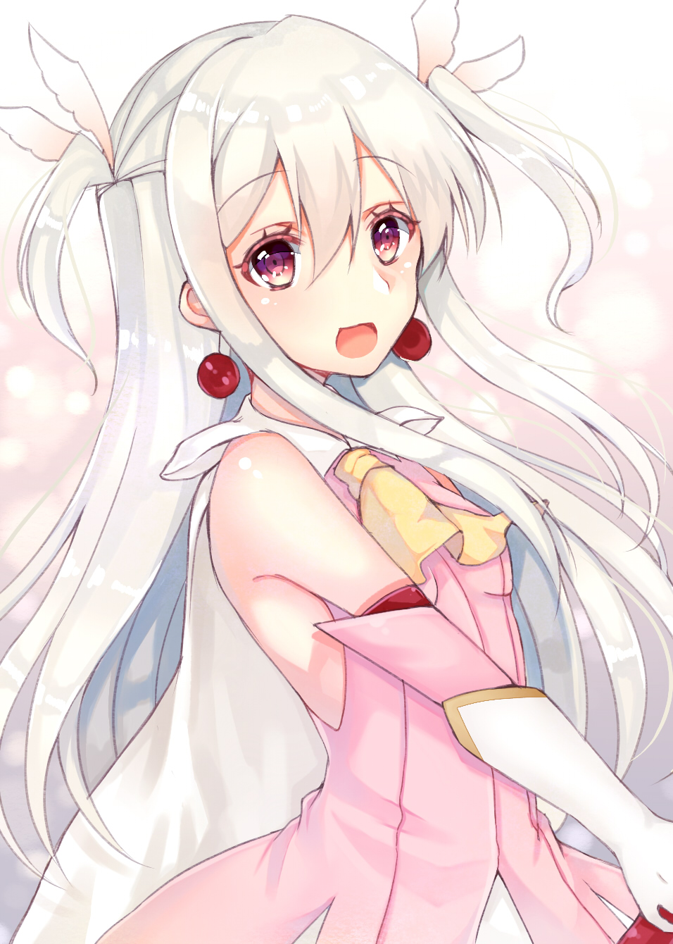 1girl, :d, bare_shoulders, earrings, elbow_gloves, fate/kaleid_liner_prisma_illya, fate/stay_night, fate_(series)