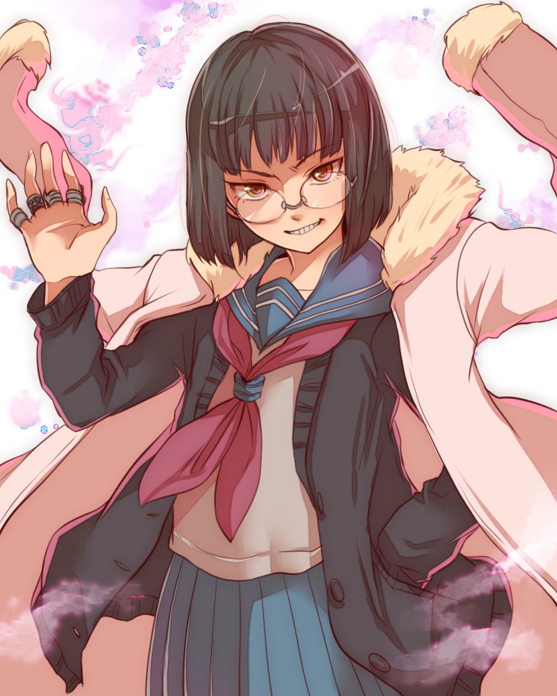 1girl, amazake_(c_kashi1010), black_hair, blue_skirt, boots, brown_eyes, cardigan, coat