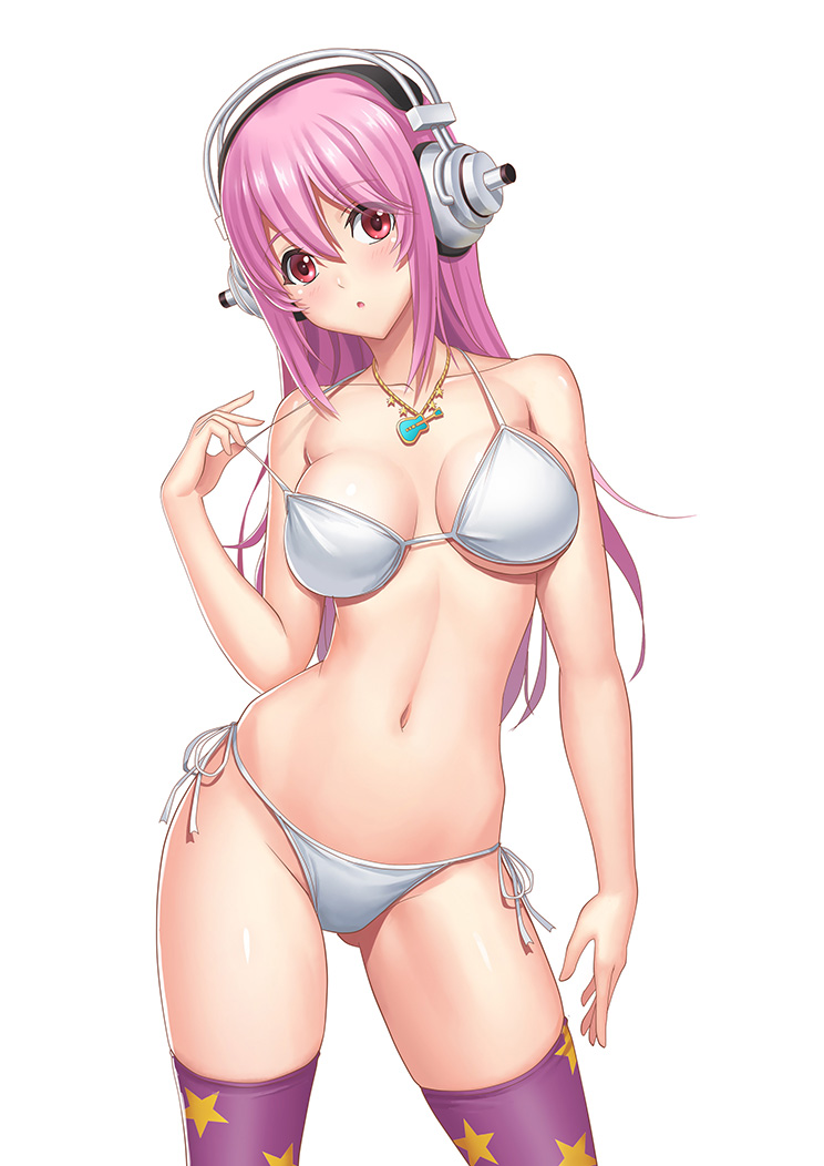 1girl, bikini, breasts, cleavage, guang_yiren, headphones, large_breasts, long_hair, looking_at_viewer, navel, nitroplus, open_mouth, pink_hair, red_eyes, solo, super_sonico, swimsuit, thigh-highs
