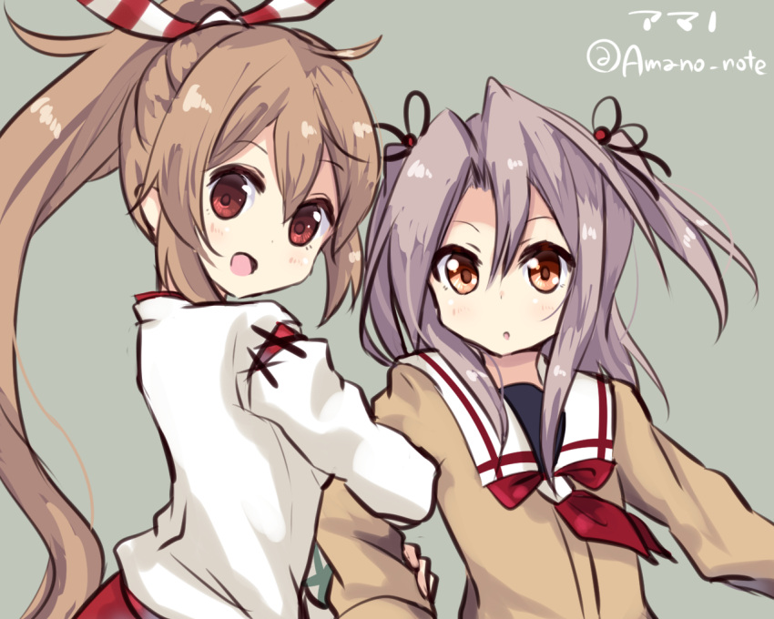 2girls, ahoge, amano_kouki, arm_hug, brown_eyes, brown_hair, cosplay, hachimaki