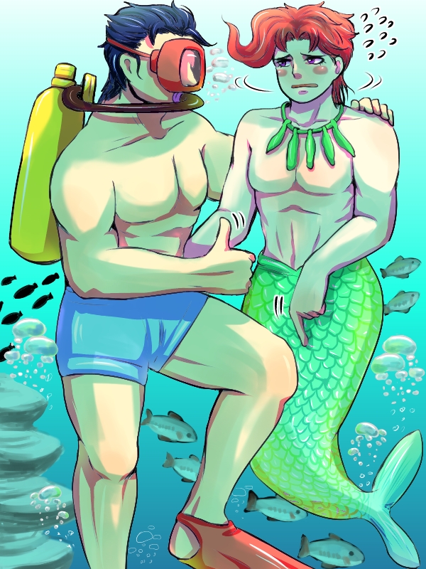 arm_around_shoulder, black_hair, blush, bubble, fish, flippers, goggles, jewelry, jojo_no_kimyou_na_bouken, kakyouin_noriaki, kuujou_joutarou, merman, monster_boy, muscle, necklace, nervous, pointing, pointing_down, rajika_(shin3114), redhead, scuba_gear, shirtless, swim_trunks, thumbs_up, underwater, violet_eyes