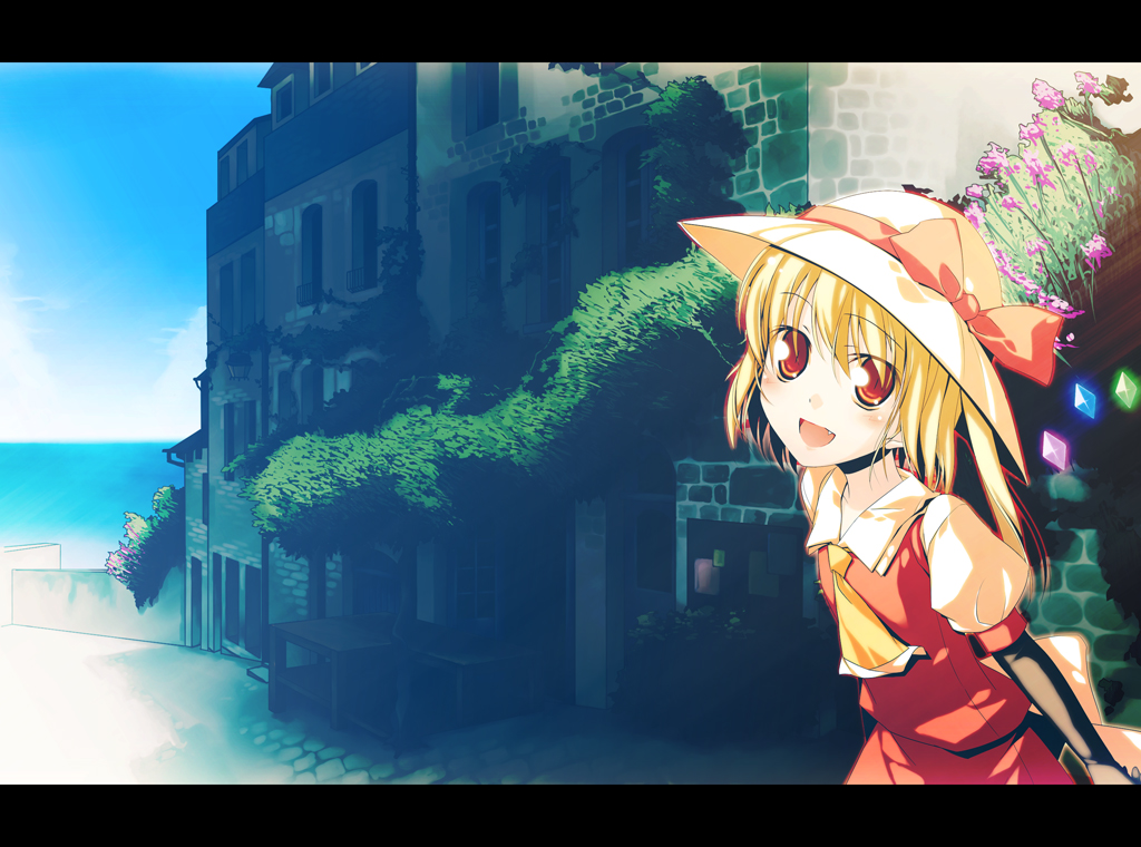 blonde_hair, fang, flandre_scarlet, flower, hat, house, leaning_forward, letterboxed, long_sleeves, ocean, open_mouth, plastic_eraser, red_eyes, scenery, short_hair, smile, solo, street, sun_hat, touhou, wallpaper