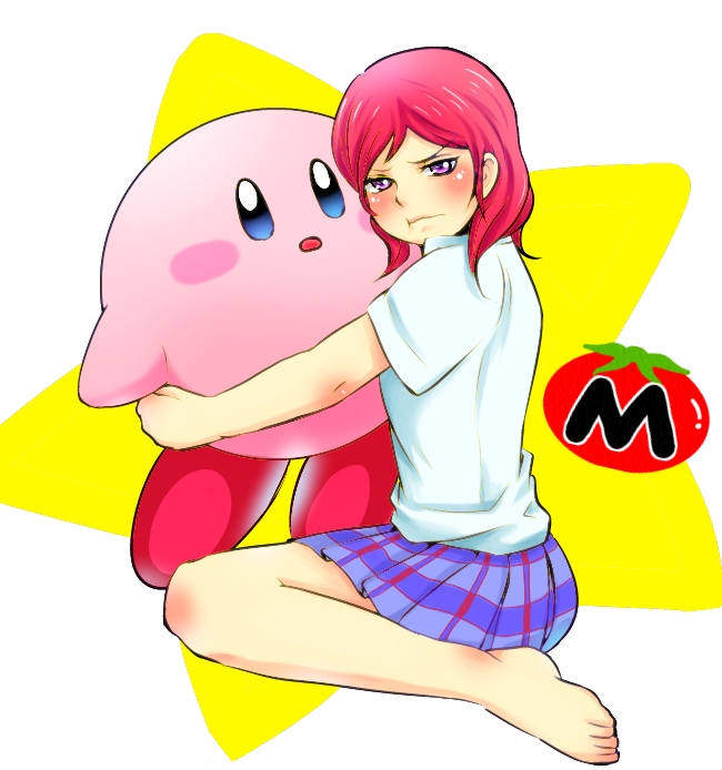 1boy, 1girl, barefoot, crossover, hug, kirby, kirby_(series), love_live!_school_idol_project