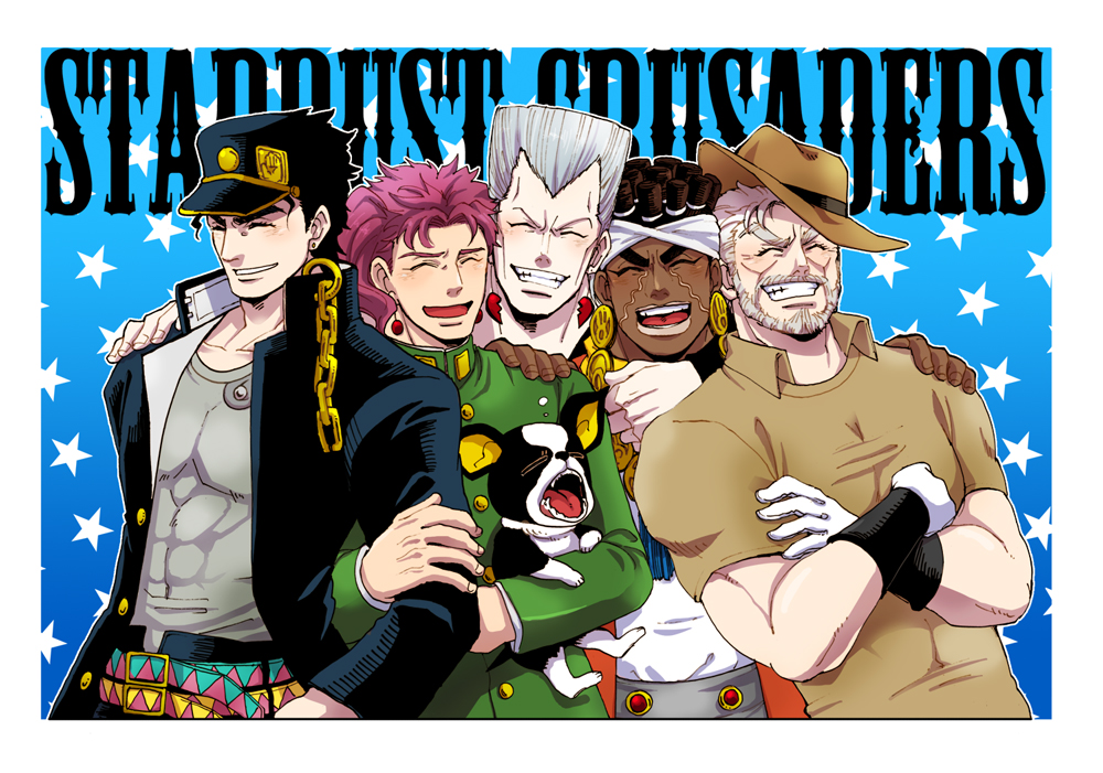 arm_around_neck, beard, black_hair, brown_hair, chain, closed_eyes, cowboy_hat, crossed_arms