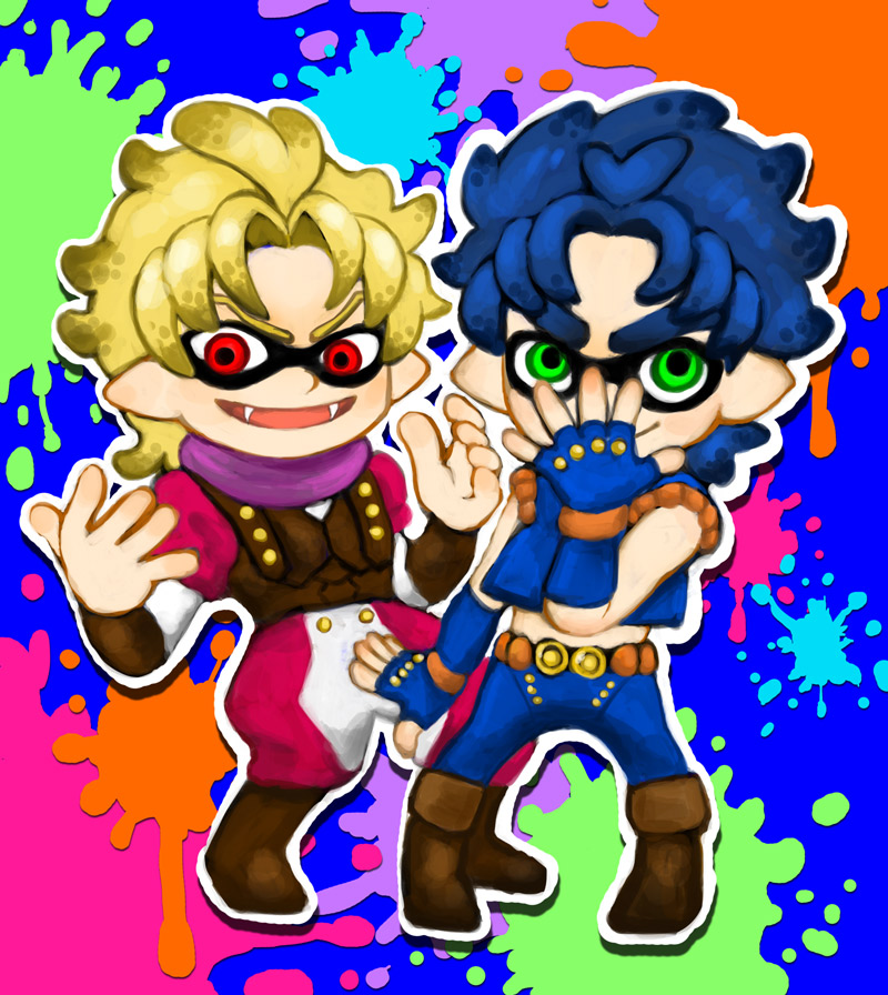 2boys, blonde_hair, blue_hair, boots, brown_boots, dio_brando, domino_mask, fangs