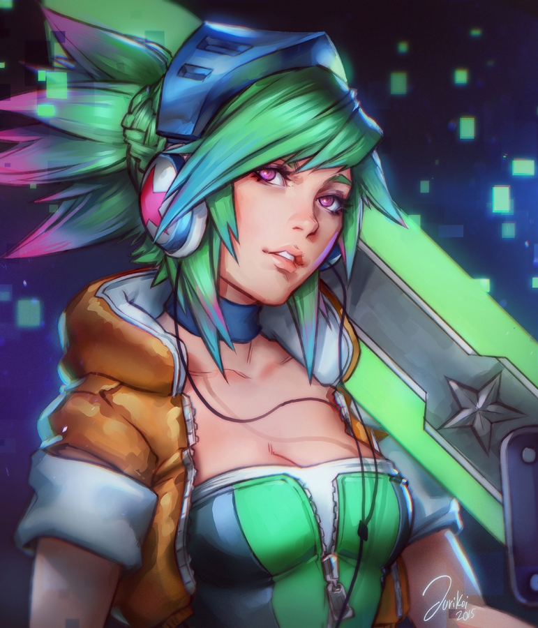 1girl, 2015, alternate_costume, arcade_(league_of_legends), braid, breasts, bustier, choker, cleavage, green_hair, headphones, jurikoi, league_of_legends, lips, nose, open_clothes, open_vest, over_shoulder, pink_eyes, pixelated, riven_(league_of_legends), side_braid, signature, sleeves_rolled_up, solo, sword, sword_over_shoulder, unzipped, vest, weapon, weapon_over_shoulder