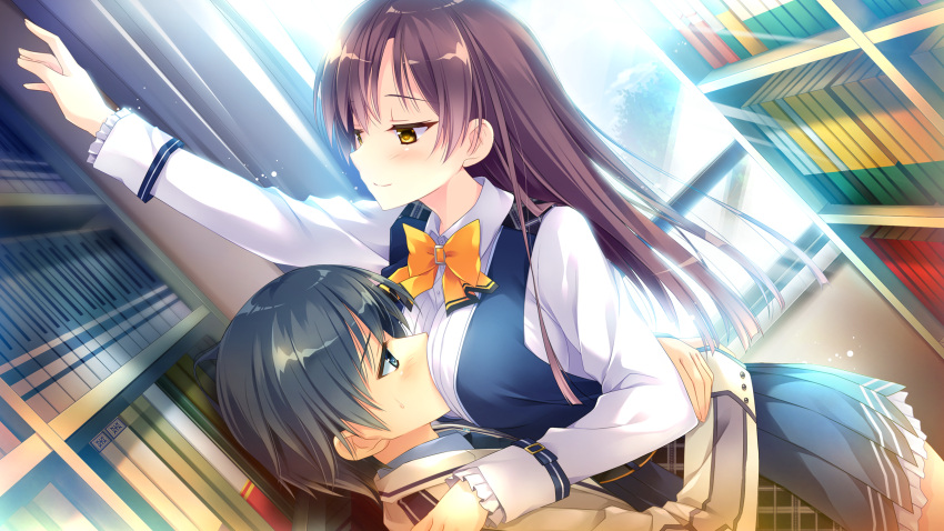 1boy, 1girl, blue_eyes, brown_hair, game_cg, head_in_chest, highres, kaburahi_yukie