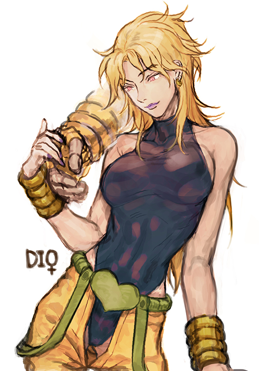 1girl, blonde_hair, breasts, character_name, dio_brando, earrings, gap_(pdmng), genderswap
