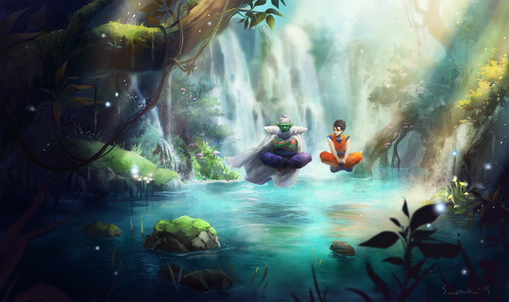 2boys, black_hair, blurry, cape, dated, depth_of_field, dougi, dragon_ball, dragon_ball_z, floating, grass, green_skin, indian_style, lake, male_focus, multiple_boys, piccolo, plant, pointy_ears, shoulder_pads, signature, sitting, son_gohan, sun_stark, sunlight, tree, turban, water, waterfall