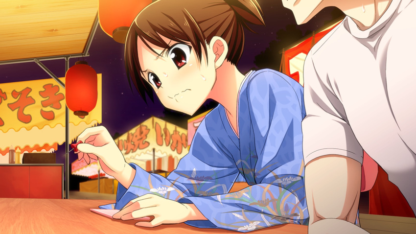 1boy, 1girl, blush, brown_hair, concentrating, festival, go!_go!_nippon!_2015, go!_go!_nippon!_~my_first_trip_to_japan~