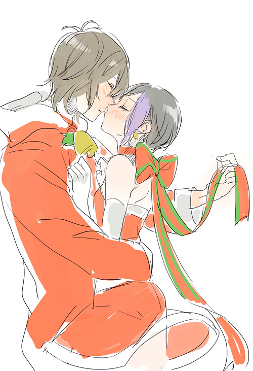 1boy, 1girl, bell, black_hair, blush, bow, choker, closed_eyes