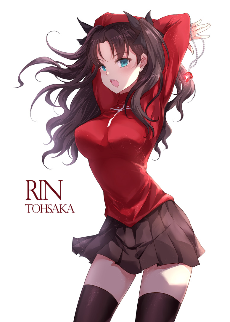 1girl, arms_up, asle, black_legwear, blush, brown_hair, fate/stay_night, fate_(series)