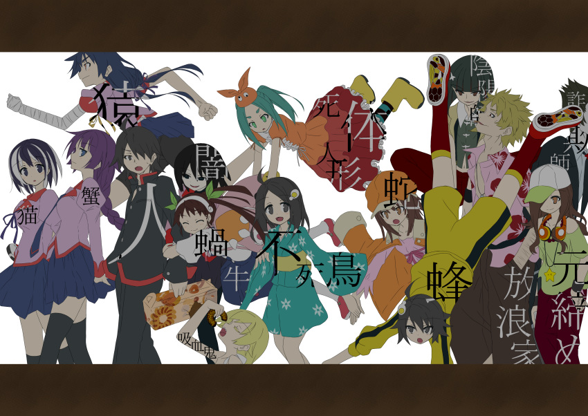 3boys, 6+girls, absurdres, ahoge, aqua_hair, araragi_karen, araragi_koyomi, araragi_tsukihi, arm_hug, backpack, bag, bandages, bike_shorts, black_eyes, black_hair, black_legwear, blonde_hair, braid, brown_hair, cabbie_hat, collar, doughnut, dress, everyone, food, fried_egg, gaen_izuko, green_eyes, hachikuji_mayoi, hair_ornament, hair_over_one_eye, hairband, hand_in_pocket, hanekawa_tsubasa, hat, highres, jacket, jacket_on_shoulders, japanese_clothes, jewelry, kagenui_yozuru, kaiki_deishuu, kanbaru_suruga, kimono, letterboxed, long_hair, monogatari_(series), multicolored_hair, multiple_boys, multiple_girls, ononoki_yotsugi, open_clothes, open_mouth, open_shirt, oshino_meme, oshino_ougi, oshino_shinobu, pendant, phone, purple_hair, school_uniform, sengoku_nadeko, senjougahara_hitagi, shirt, short_hair, shorts, striped, striped_legwear, thigh-highs, track_jacket, twintails, two-tone_hair, white_background