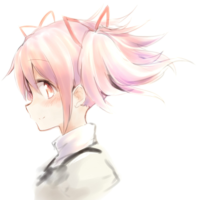 1girl, damenano104, hair_ribbon, kaname_madoka, mahou_shoujo_madoka_magica, pink_eyes, pink_hair, profile