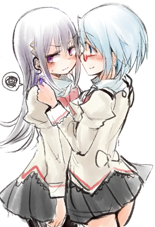 2girls, accessories_switch, akemi_homura, black_hair, blue_eyes, blue_hair, damenano104, glasses