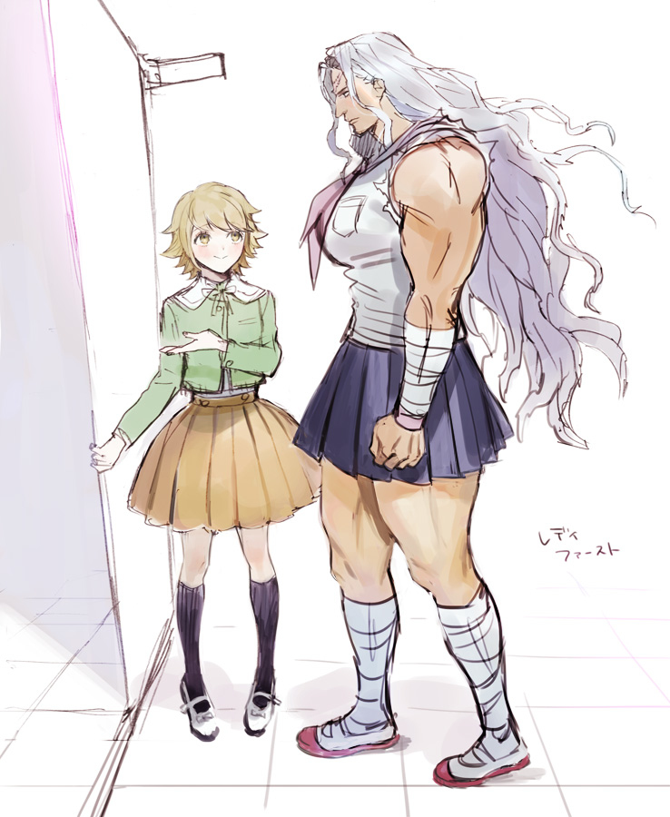 1boy, 1girl, brown_hair, crossdressinging, dangan_ronpa, dangan_ronpa_1, dark_skin, fujisaki_chihiro