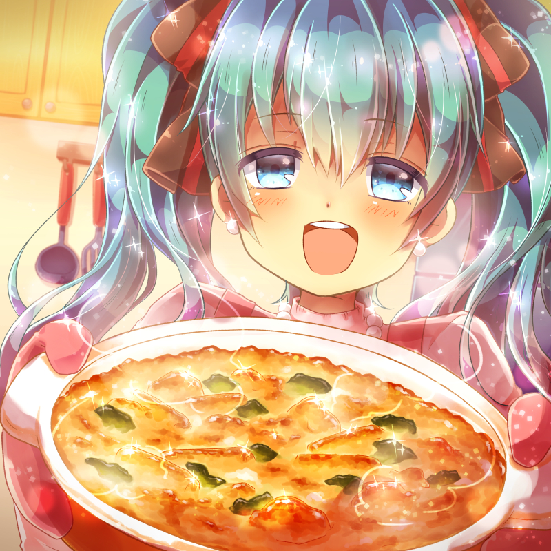 1girl, aqua_hair, blue_eyes, earrings, food, gratin, hair_ribbon, hatsune_miku