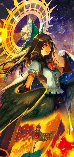 1girl, adapted_costume, arm_cannon, bangs, black_gloves, black_hair, black_wings, bow