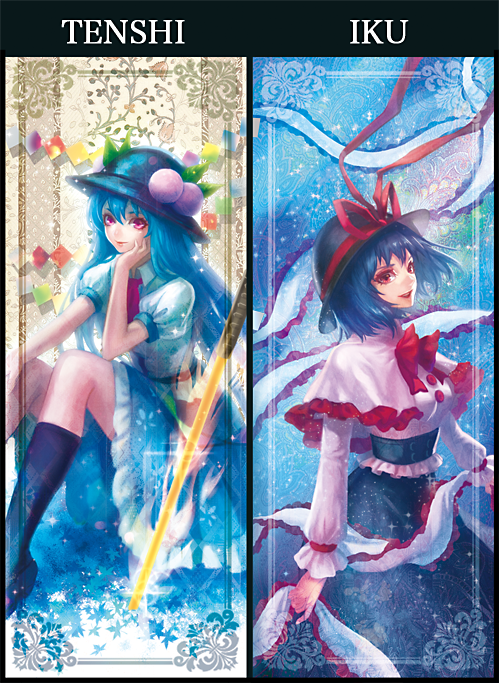 2girls, black_legwear, black_shoes, black_skirt, blue_hair, blue_skirt, bow, breasts