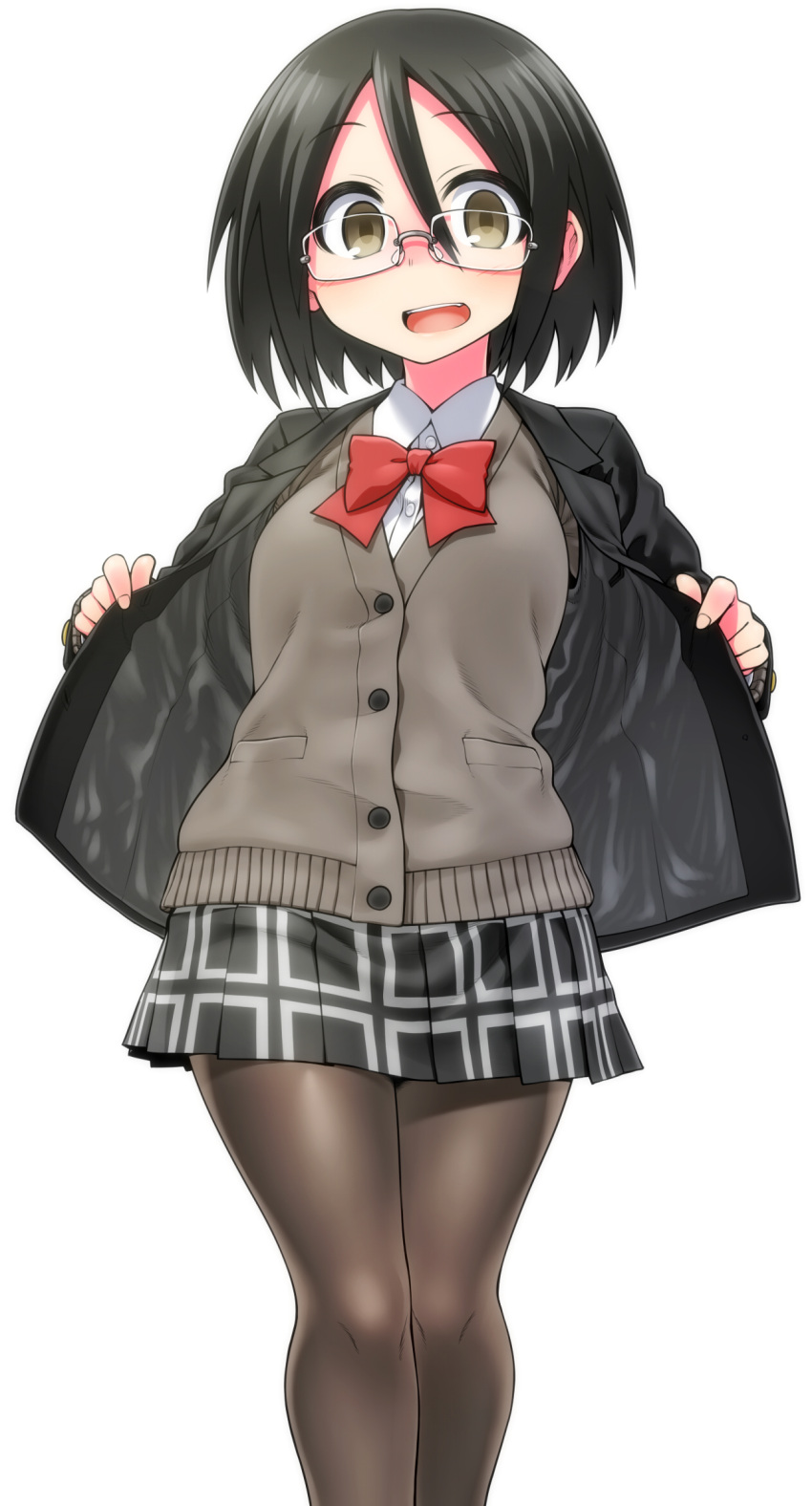 1girl, black_hair, black_skirt, blazer, bow, brown_eyes, chankodining_waka, glasses